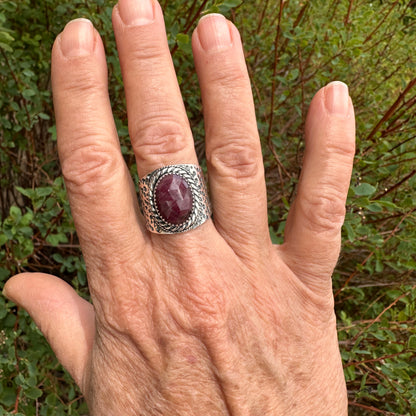 The Wanderlust Ring in Ruby Sapphire, Textured Sterling Statement Ring with Roped Bezel