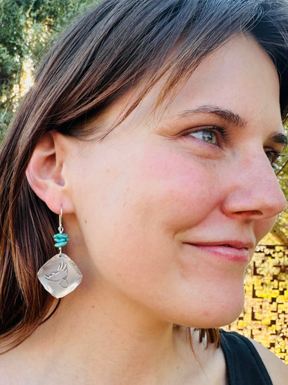 Red-Tailed Hawk Earrings, Fused Argentium Silver Earrings with Hawk Silhouette and Turquoise