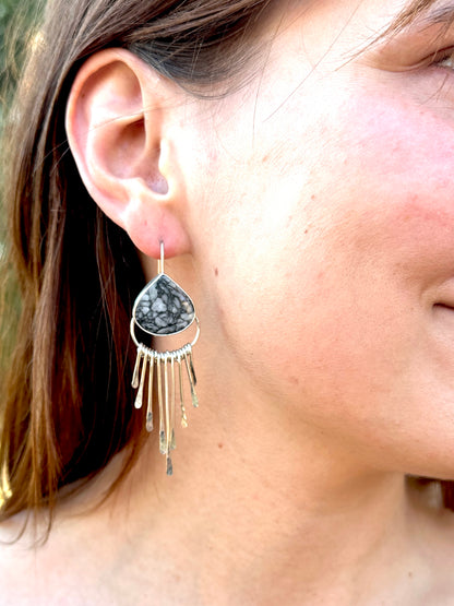 Pinolite and Argentium Sterling Silver Fringed Earrings