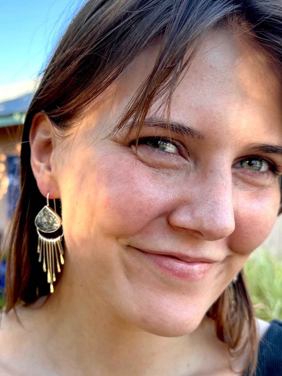 Pinolite and Argentium Sterling Silver Fringed Earrings