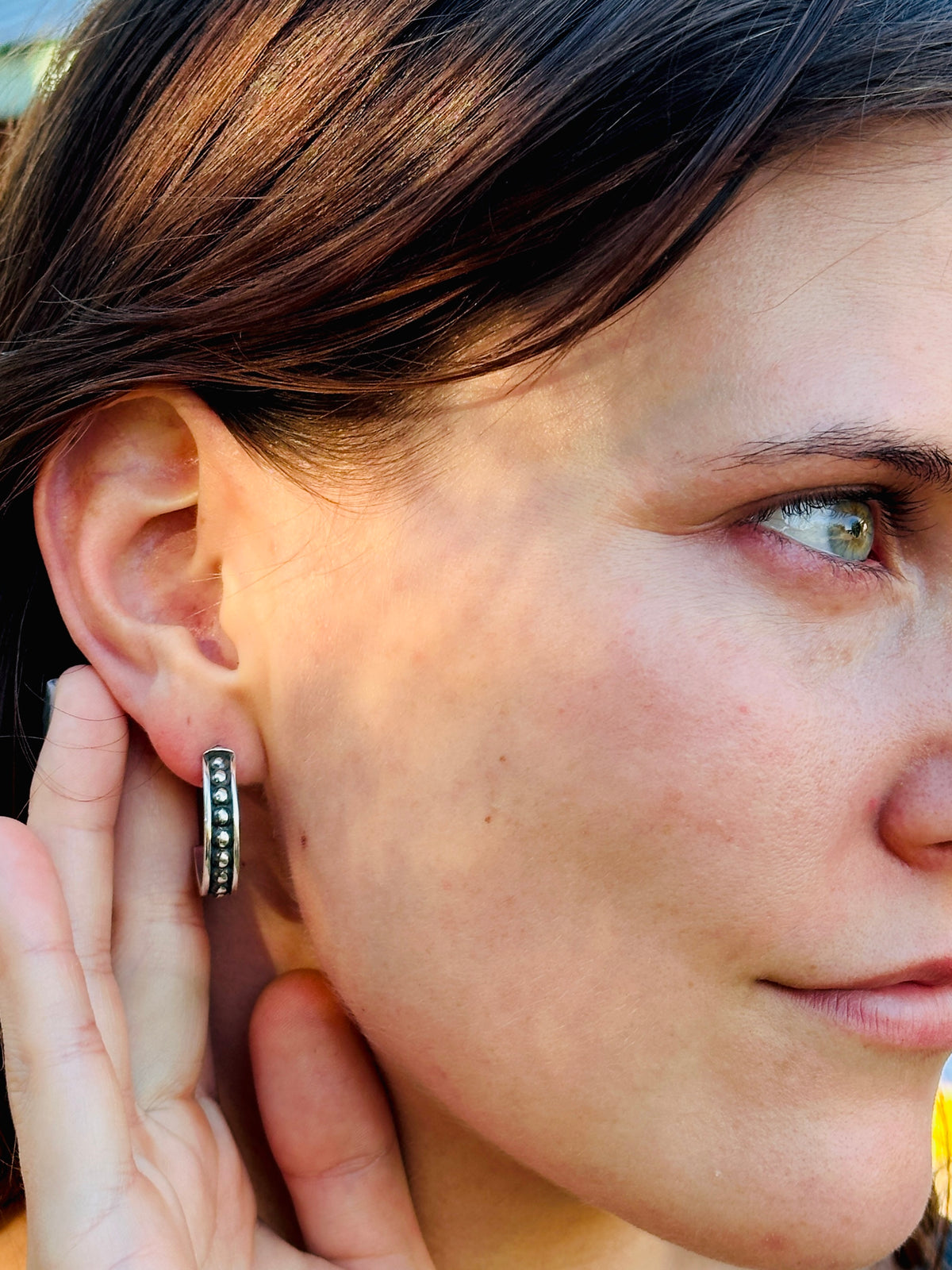 Fused and Studded Argentium Sterling Silver Half Hoop Earrings