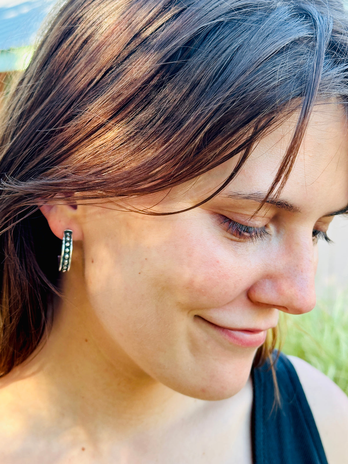Fused and Studded Argentium Sterling Silver Half Hoop Earrings