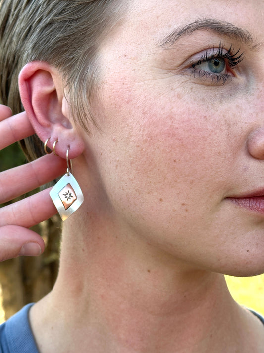 Find Your North Earrings, Argentium Silver Earrings with Copper Compass Rose