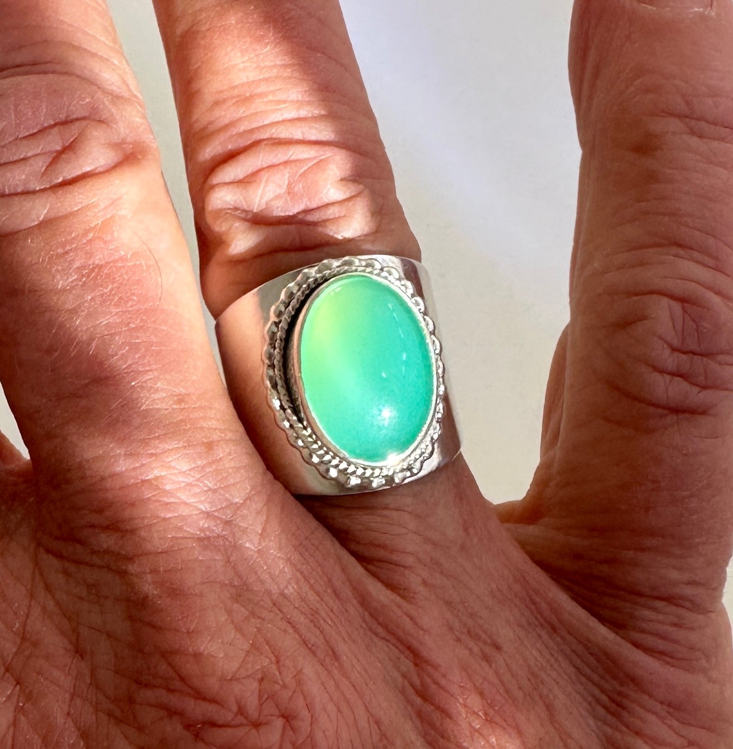 Sterling Silver and Chrysoprase Ring, Apple Green Chrysoprase Cabochon Statement Ring, Luminous Green Australian Chrysoprase Ring