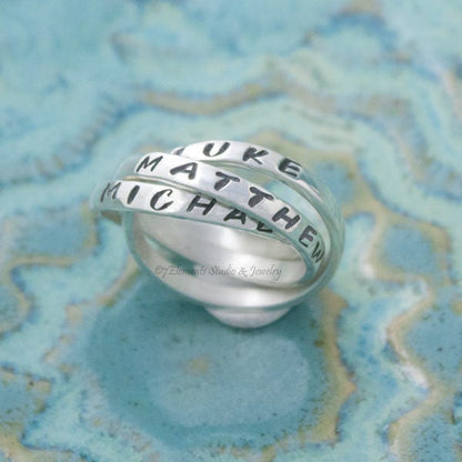Triple Mother's Ring, Interlocking Name Rings, Personalized Rolling Rings
