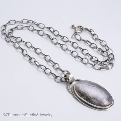 Sierra Madre Agate and Sterling Silver Necklace, Long Adjustable Purple Passion Pendant Necklace