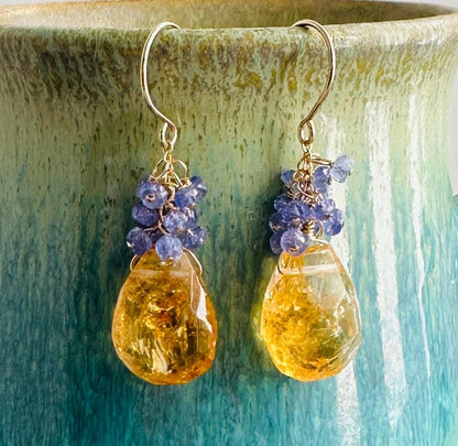 Citrine Sway Earrings with Tanzanite Clusters and 14K Gold Fill Earwires, Citrine and Tanzanite Gemstone Drop Earrings