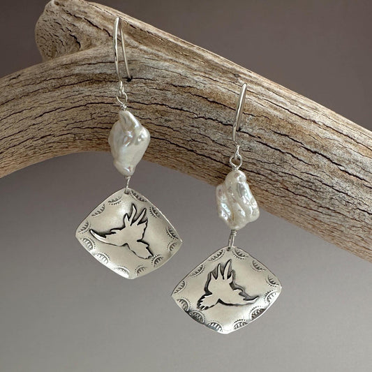 Red Tail Hawk Earrings, Argentium Silver Earrings with Hawk Silhouette and Keshi Pearls