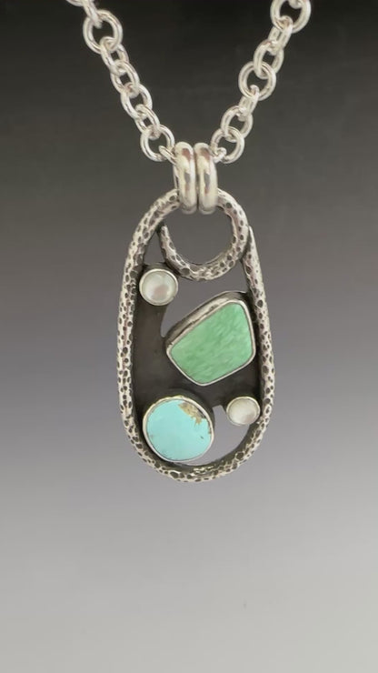 Turquoise, Variscite, and Mother of Pearl Sterling Pendant Necklace