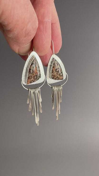 Fossilized Coral Earrings with Hammered Argentium Silver Fringe