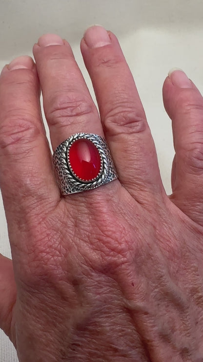 Carnelian and Argentium Silver Ring, Textured Wide Silver Ring with Oval Carnelian Gemstone