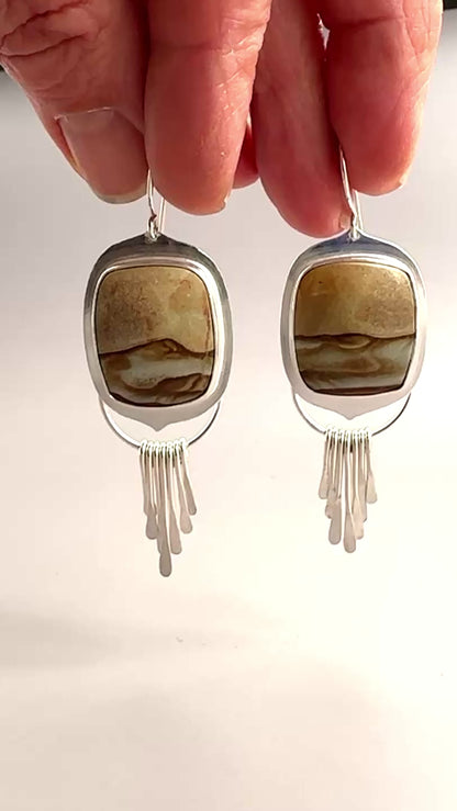 Desert Scene Earrings with Silver Fringe, Sterling Silver and Picture Jasper Earrings