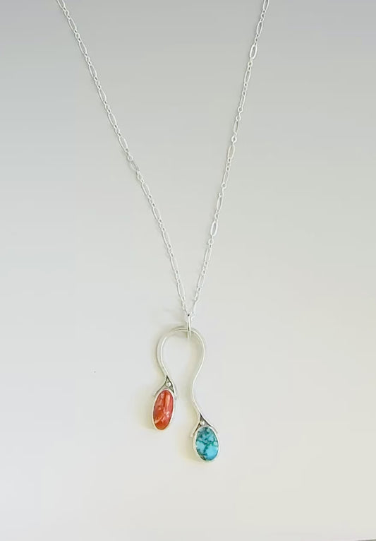 Sterling Silver Pendant Necklace, Serpentine Pendant with Turquoise and Spiny Oyster Shell