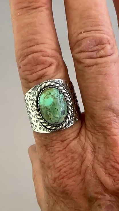 The Wanderlust Ring in Desert Turquoise, Textured Sterling Statement Ring with Roped Bezel, SIZE 10.25