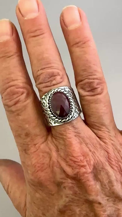 The Wanderlust Ring in Ruby Sapphire, Textured Sterling Statement Ring with Roped Bezel