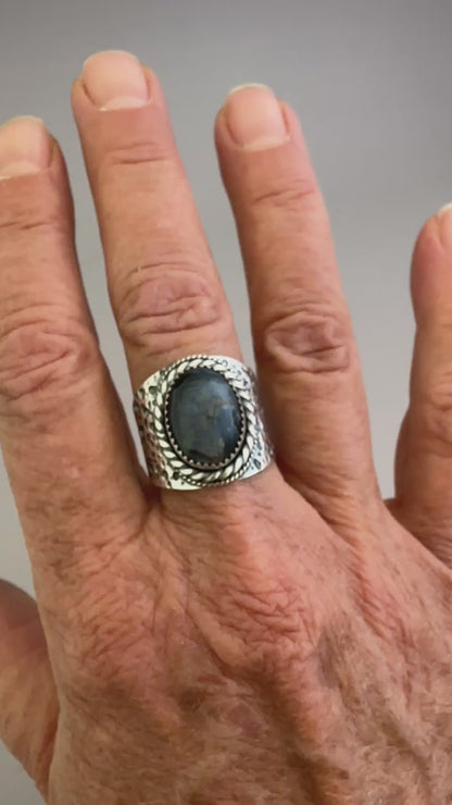 The Wanderlust Ring in Stormy Pietersite, Textured Sterling Statement Ring with Roped Bezel, SIZE 8.5